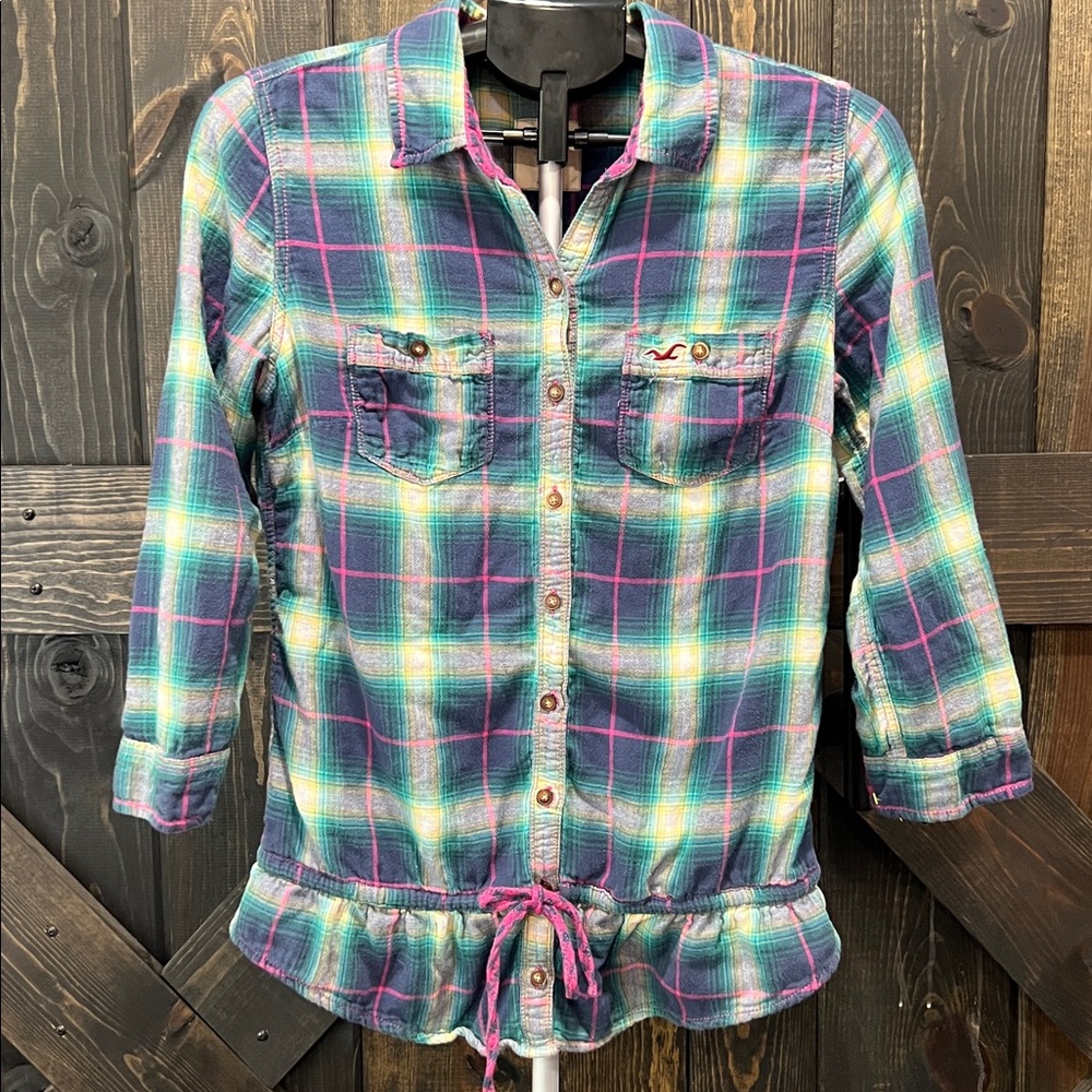 Hollister‎ Mixed Plaid Flannel Top L Teal Pink Tartan Checkered Drawstring Waist